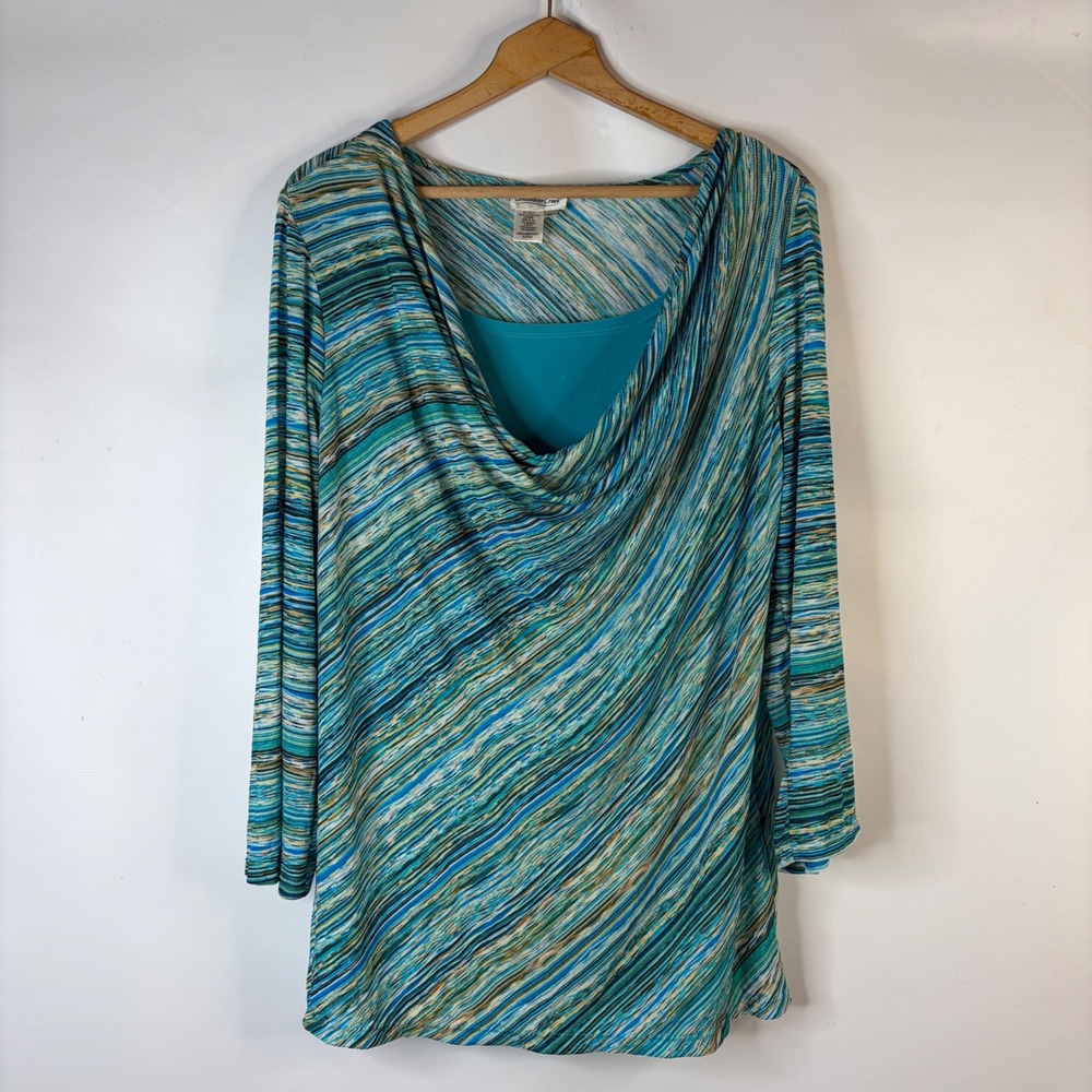 Coldwater Creek Blouse Women XL Blue Teal Stripe Cowl Neck Layered Cami Top